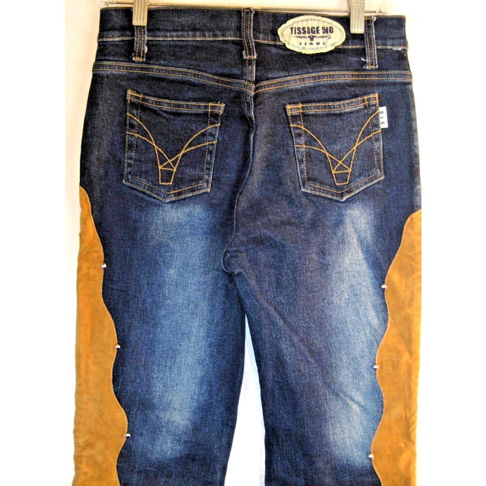 Womens NWOT Tissage 510 Distressed Blue Jeans w Faux Leather Chaps sz 11(30x32x9